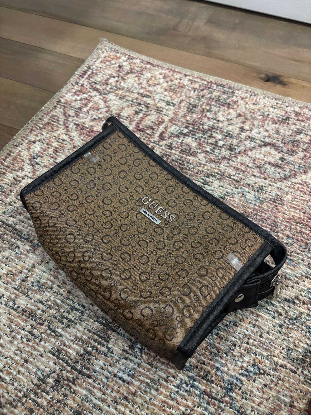 GUESS Brown Monogram Belt Bag with Black Trim